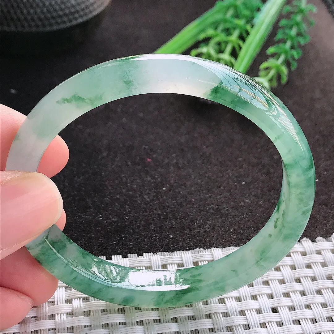 天然A货翡翠55.5/49.8/10/7老坑冰胶果冻冰飘花贵妃手镯宽边玉镯