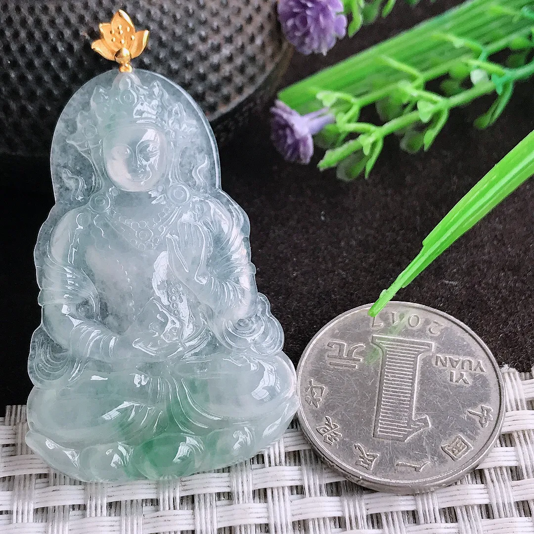 天然A货翡翠48/31.3/4.7老坑18k金镶嵌冰飘花渡母菩萨吊坠翡翠挂件