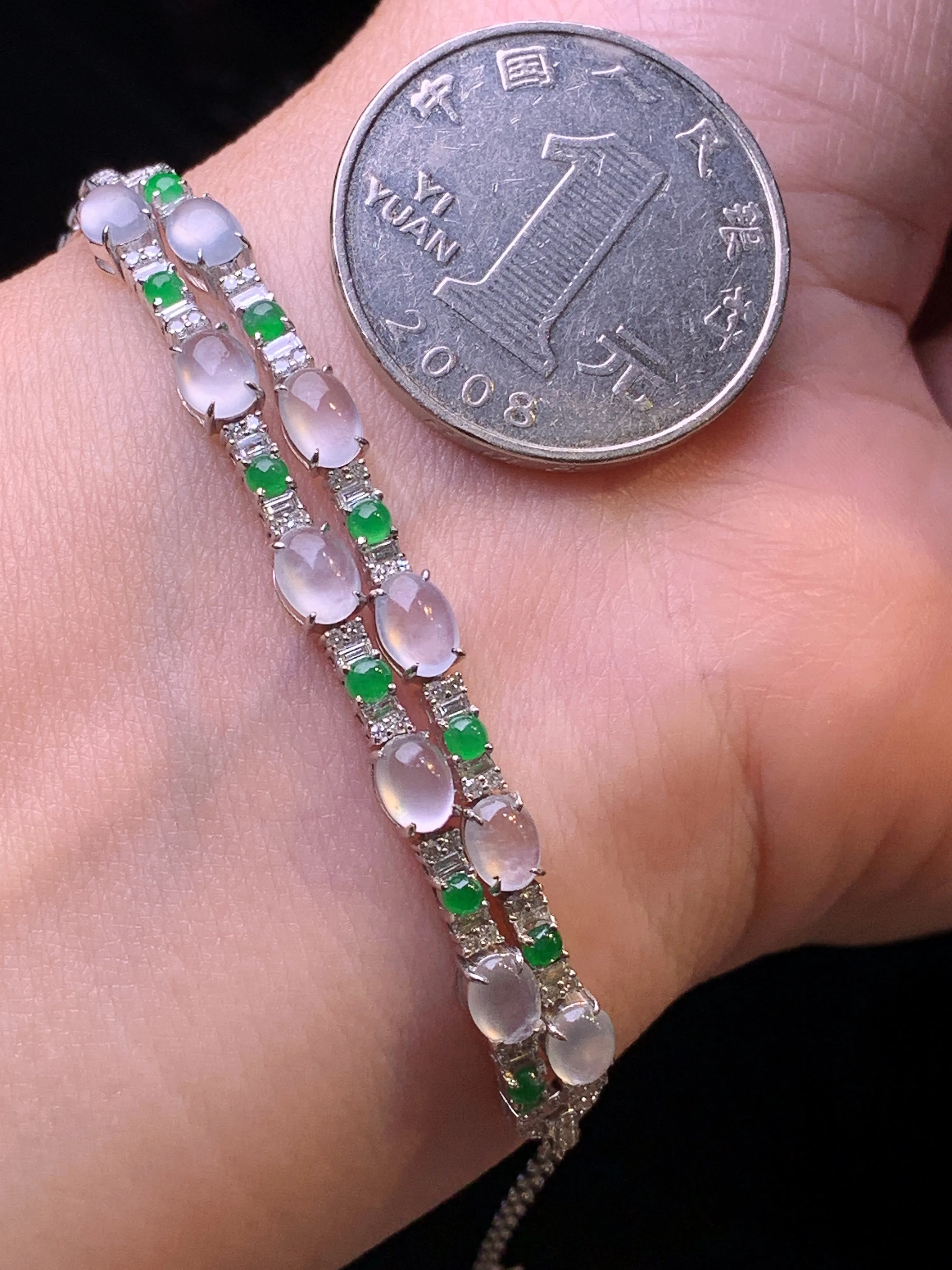 18k金钻镶嵌冰种蛋面手链 玉质细腻 色泽清新艳丽 整体尺寸67*6.6*4