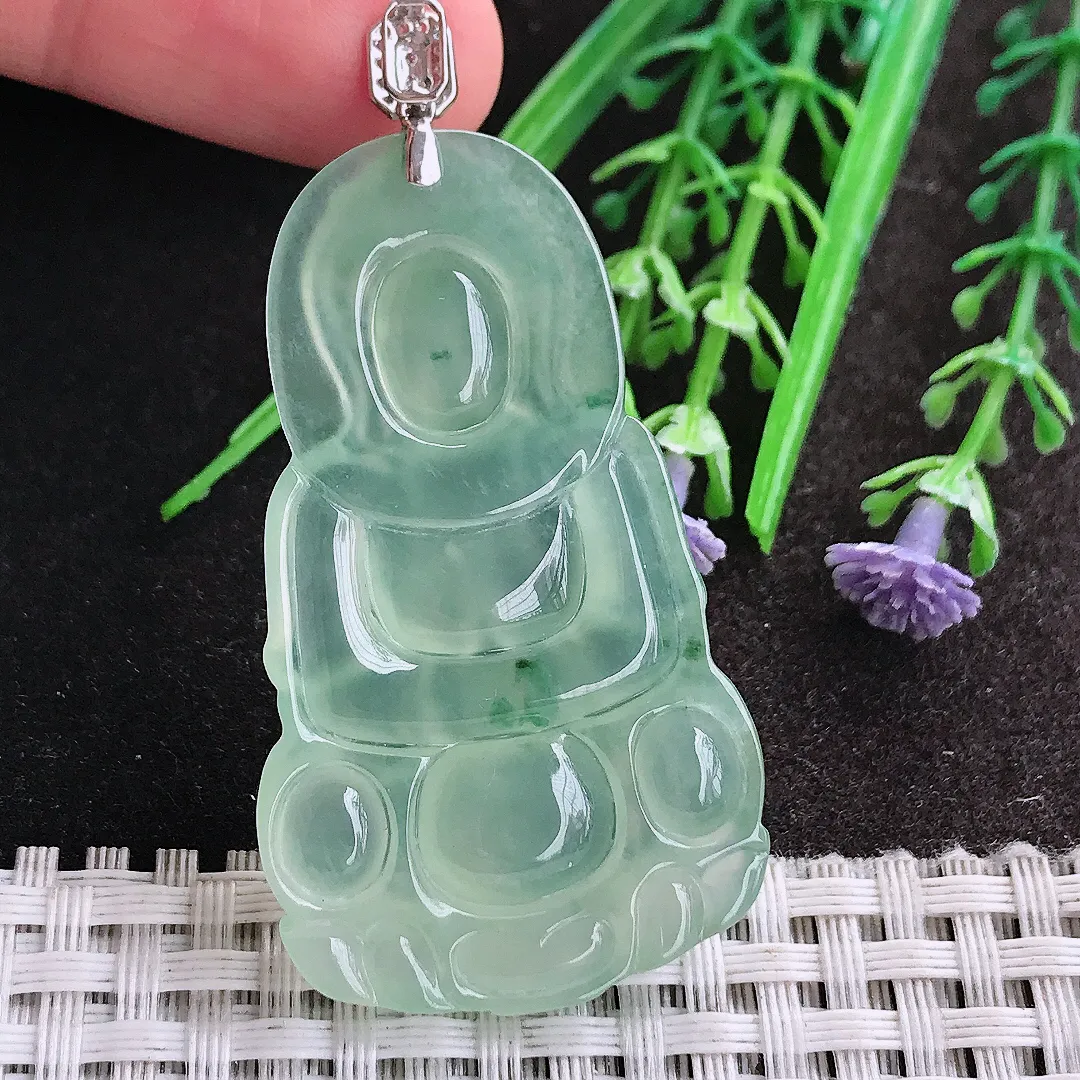 天然A货翡翠50.5/29.5/5.5老坑18k金镶嵌冰种果冻冰晴满绿观音吊坠翡翠挂件