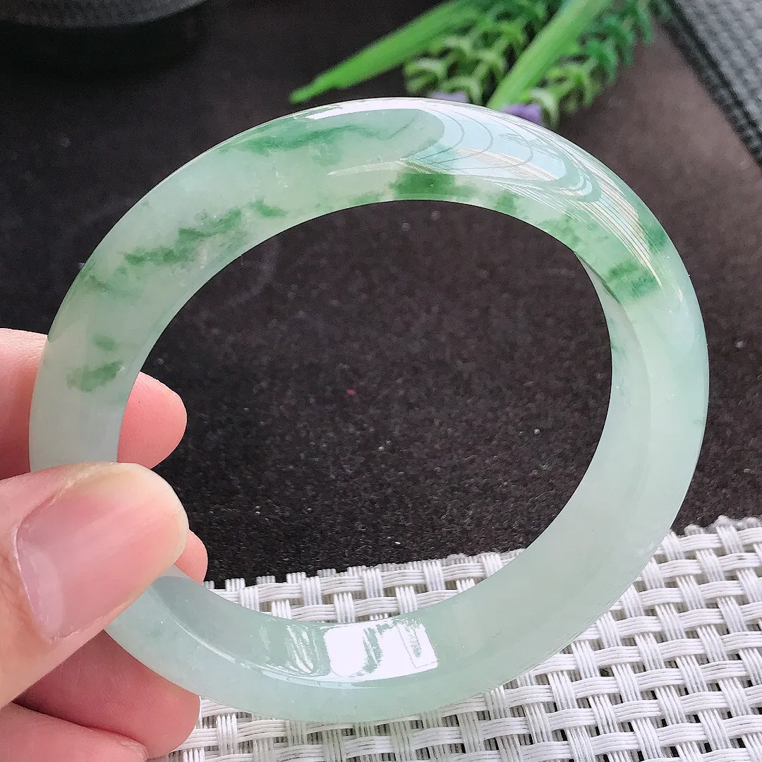 天然A货翡翠58/13/8.8老坑冰透果冻胶冰飘花手镯宽边玉镯