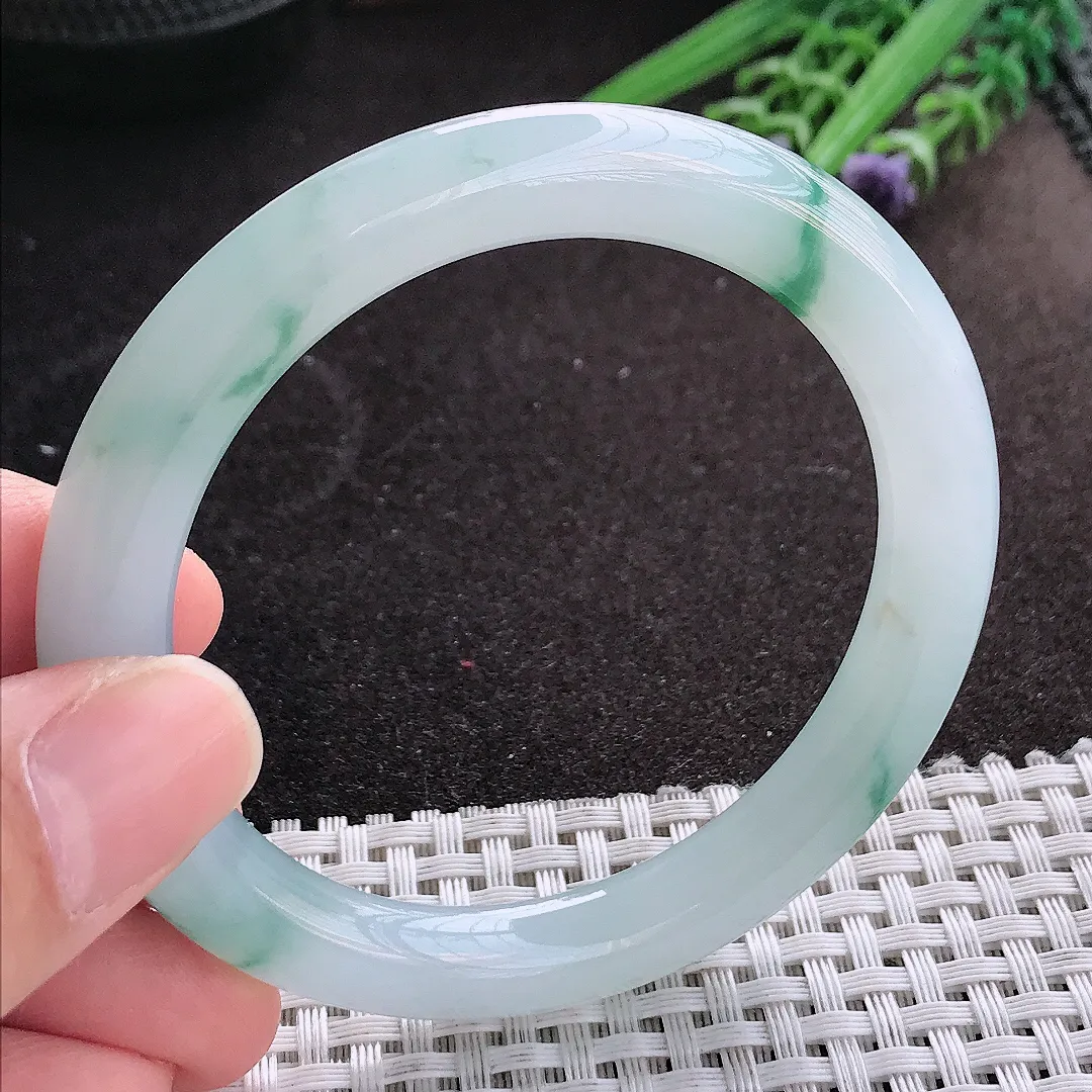 天然A货翡翠55/8.8/9.2老坑冰胶果冻飘花手镯蓝花宽边玉镯