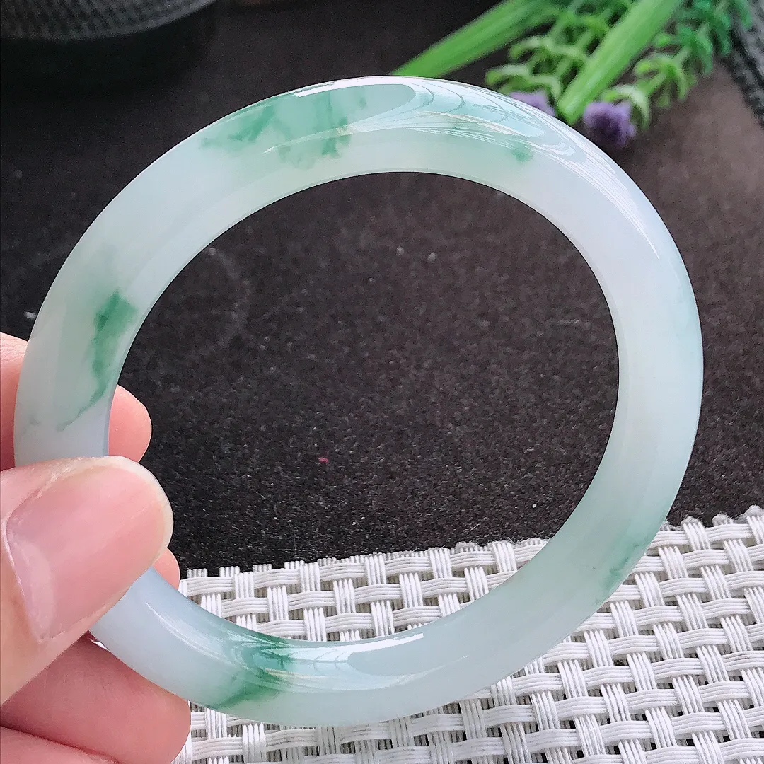 天然A货翡翠55/8.8/9.2老坑冰胶果冻飘花手镯蓝花宽边玉镯