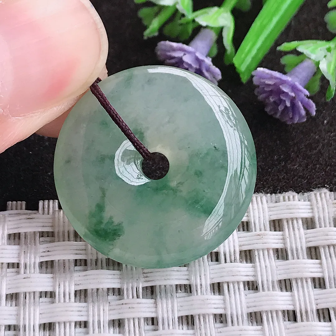 天然A货翡翠24.8/5.3老坑冰胶果冻冰飘花平安扣吊坠翡翠挂件