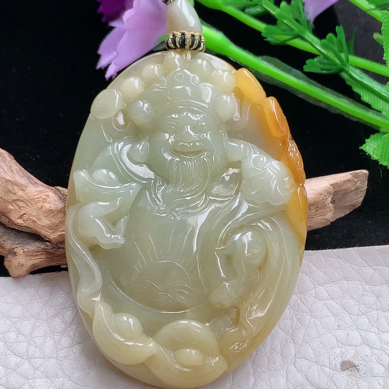 yl实拍59.5*42.6*10.8缅甸天然翡翠黄翡财神爷吊坠 男款厚装招财进宝玉坠