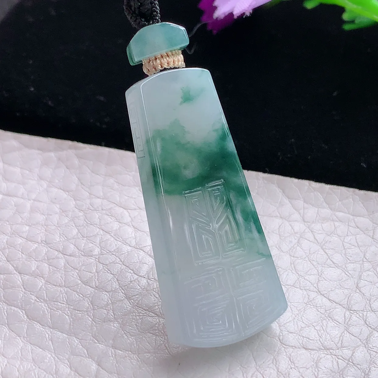 yl实拍39.3 *17.2*6缅甸天然翡翠冰飘花平安无事牌吊坠雕花素牌玉坠