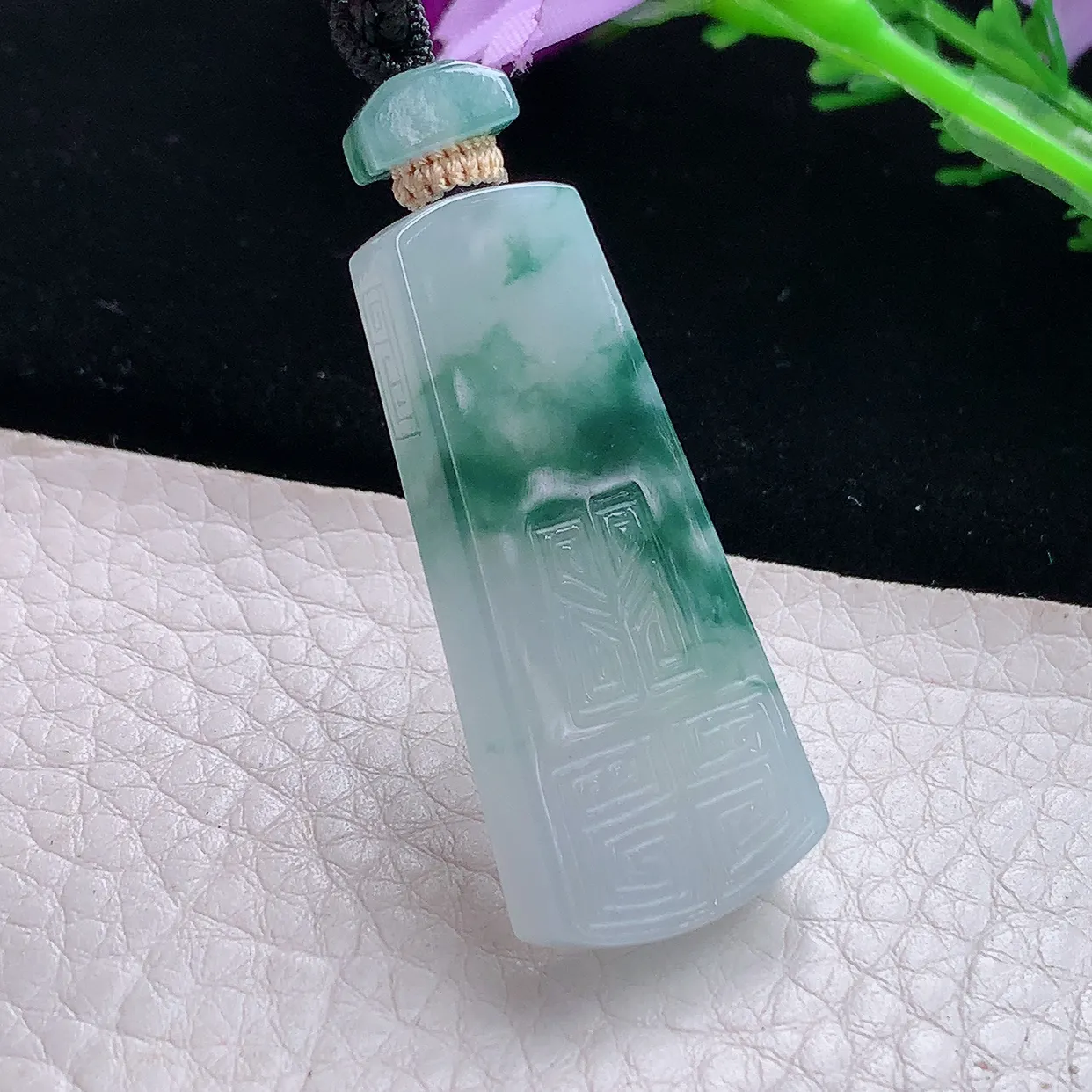 yl实拍39.3 *17.2*6缅甸天然翡翠冰飘花平安无事牌吊坠雕花素牌玉坠