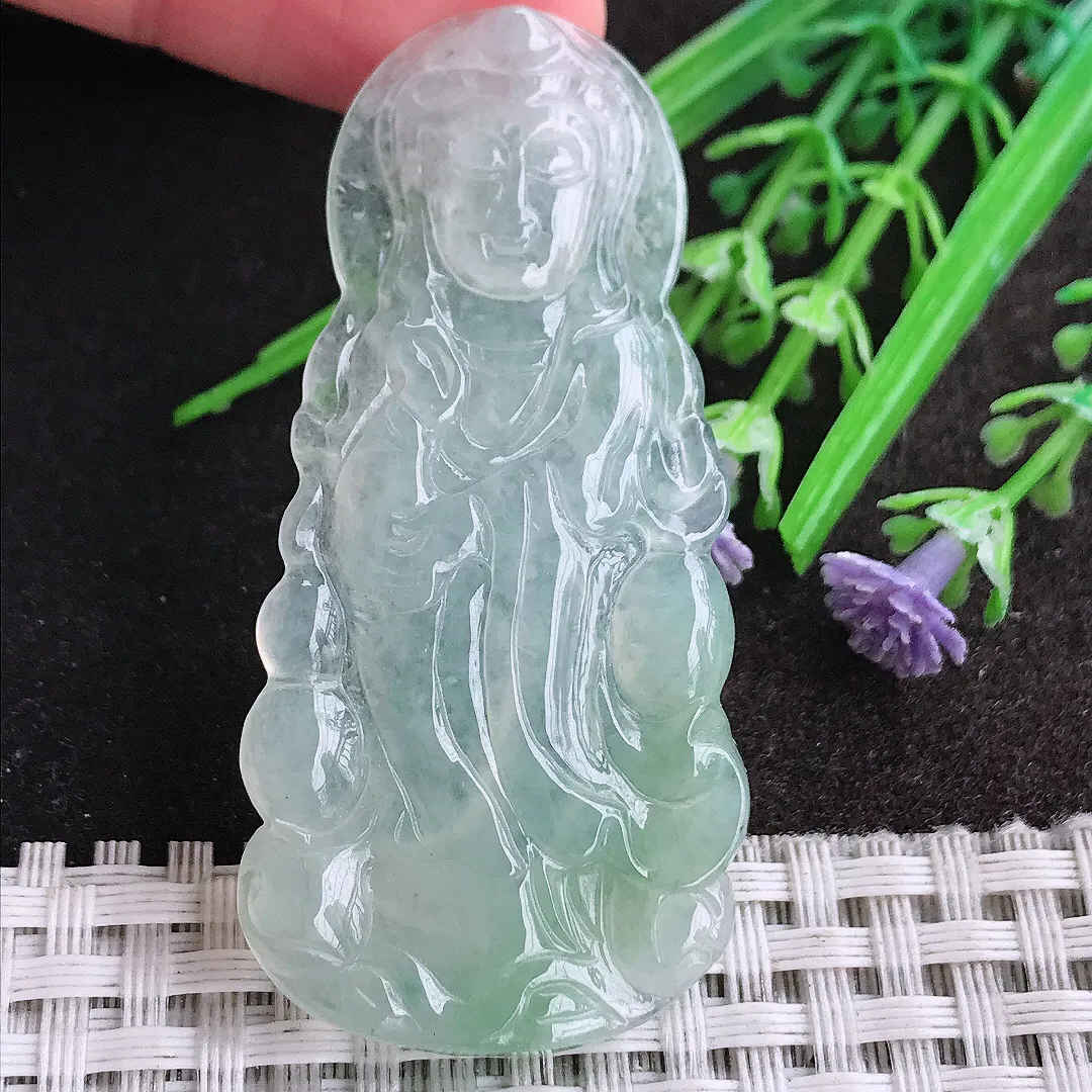 天然A货翡翠57/27.8/4.2老坑冰胶果冻冰晴观音菩萨吊坠翡翠挂件