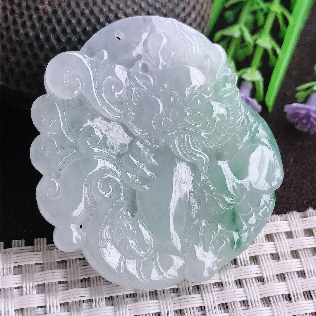 天然A货翡翠50.5/46/5.7老坑冰胶果冻飘花钟馗吊坠翡翠挂件