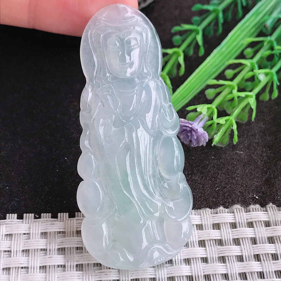 天然A货翡翠61.6/27.2/5老坑冰透起胶冰晴站观音吊坠翡翠玉观音挂件