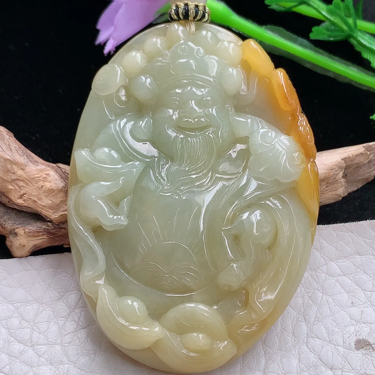 yl实拍59.5*42.6*10.8缅甸天然翡翠黄翡财神爷吊坠 男款厚装招财进宝玉坠