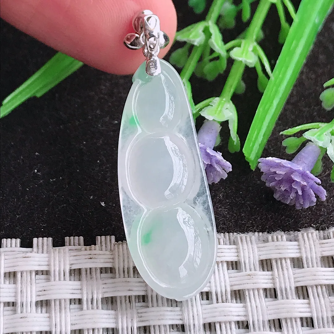 天然A货翡翠30.8/11.6/6老坑18k金镶嵌冰种起胶飘绿四季豆吊坠翡翠挂件