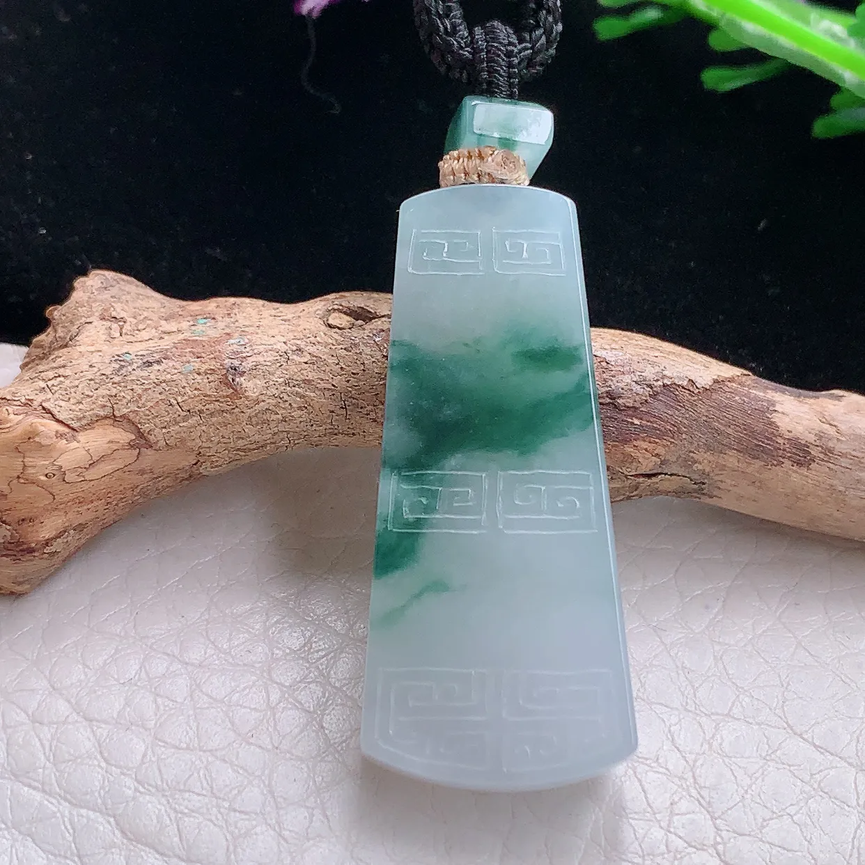 yl实拍39.3 *17.2*6缅甸天然翡翠冰飘花平安无事牌吊坠雕花素牌玉坠