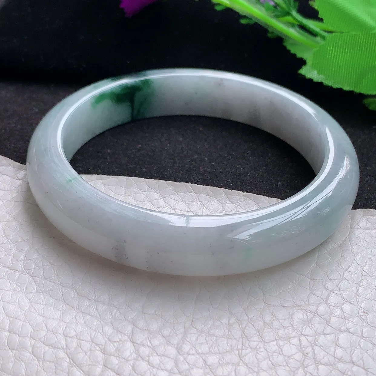 ll大圈口61*12.5*8.5平安镯 天然缅甸翡翠a货玉手镯飘花大气宽边玉手环