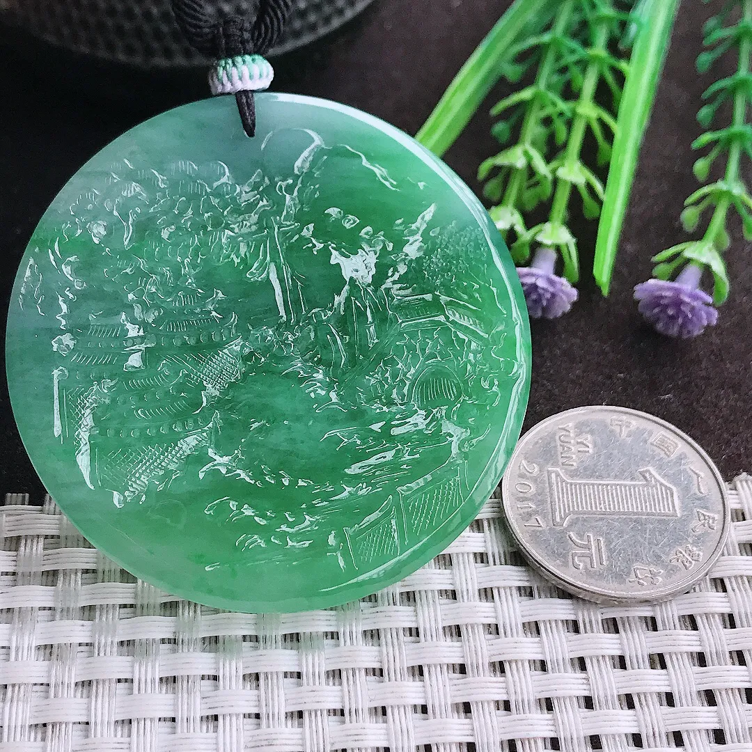 天然A货翡翠54.2/6老坑冰胶水灵满绿山水牌圆牌吊坠翡翠挂件