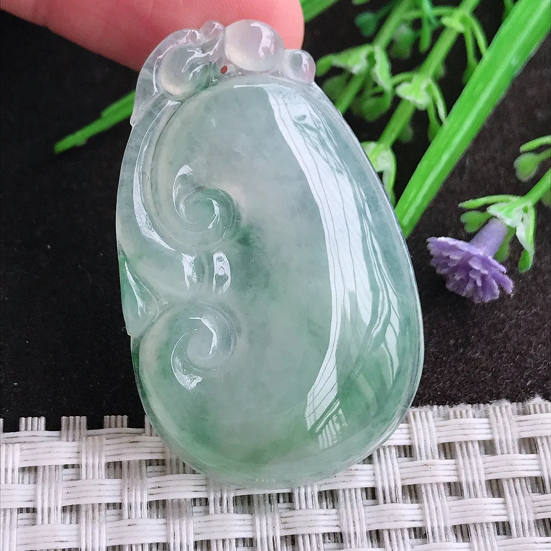 天然A货翡翠45.6/29/5.9老坑冰种果冻胶飘花如意吊坠翡翠挂件