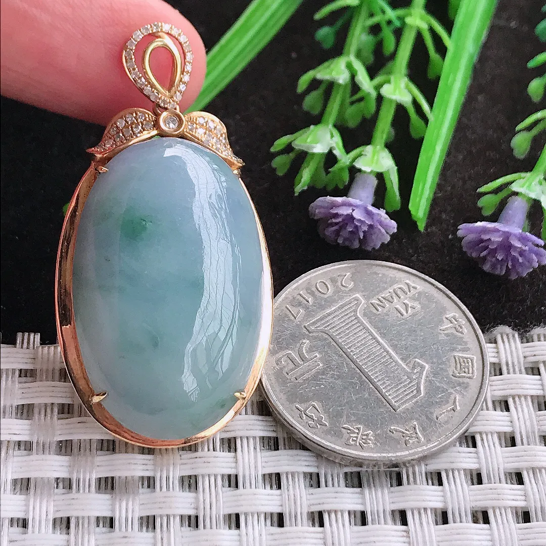 天然A货翡翠44/22.2/9.3老坑18k金镶嵌紫罗兰大蛋面吊坠翡翠鸽子蛋玉坠