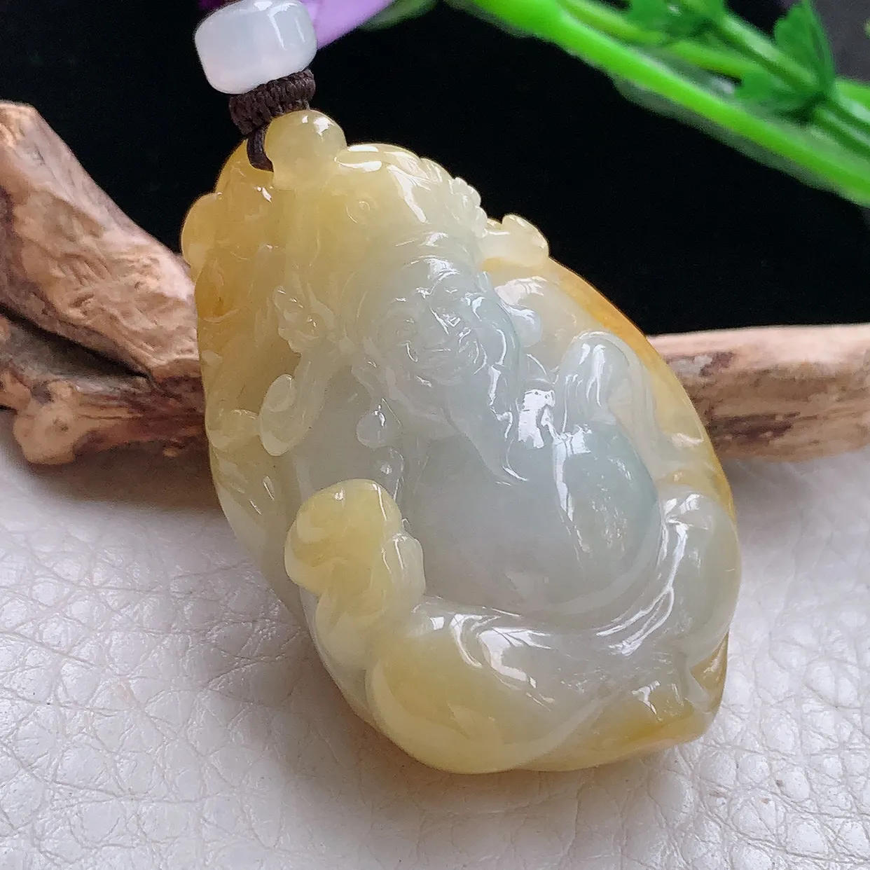 yl实拍46.8*31.8*19.6缅甸天然翡翠黄翡财神爷吊坠 冰润巧雕招财玉坠