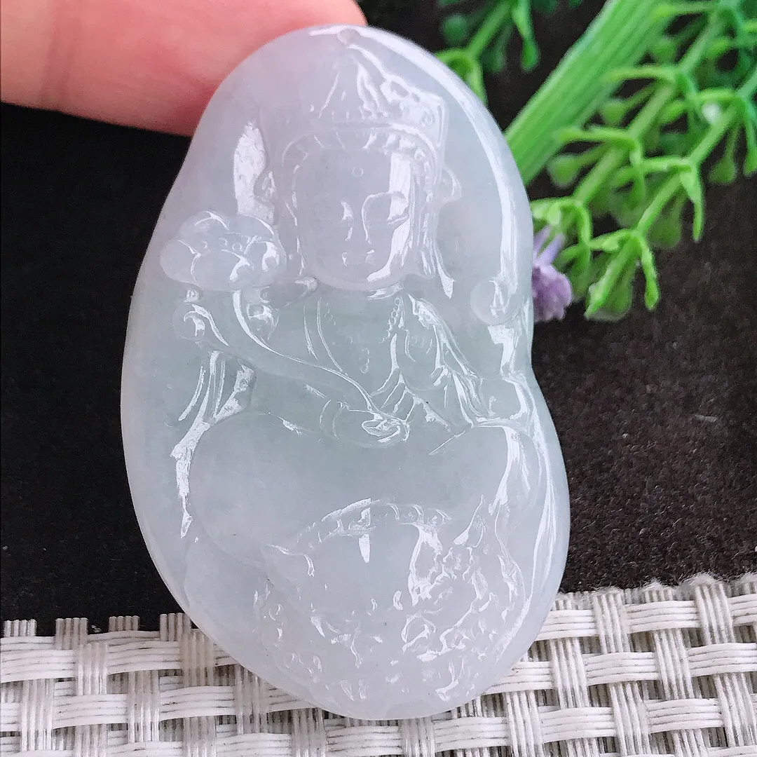 天然A货翡翠54.5/33.8/5.8老坑秀气冰润文殊菩萨吊坠翡翠挂件