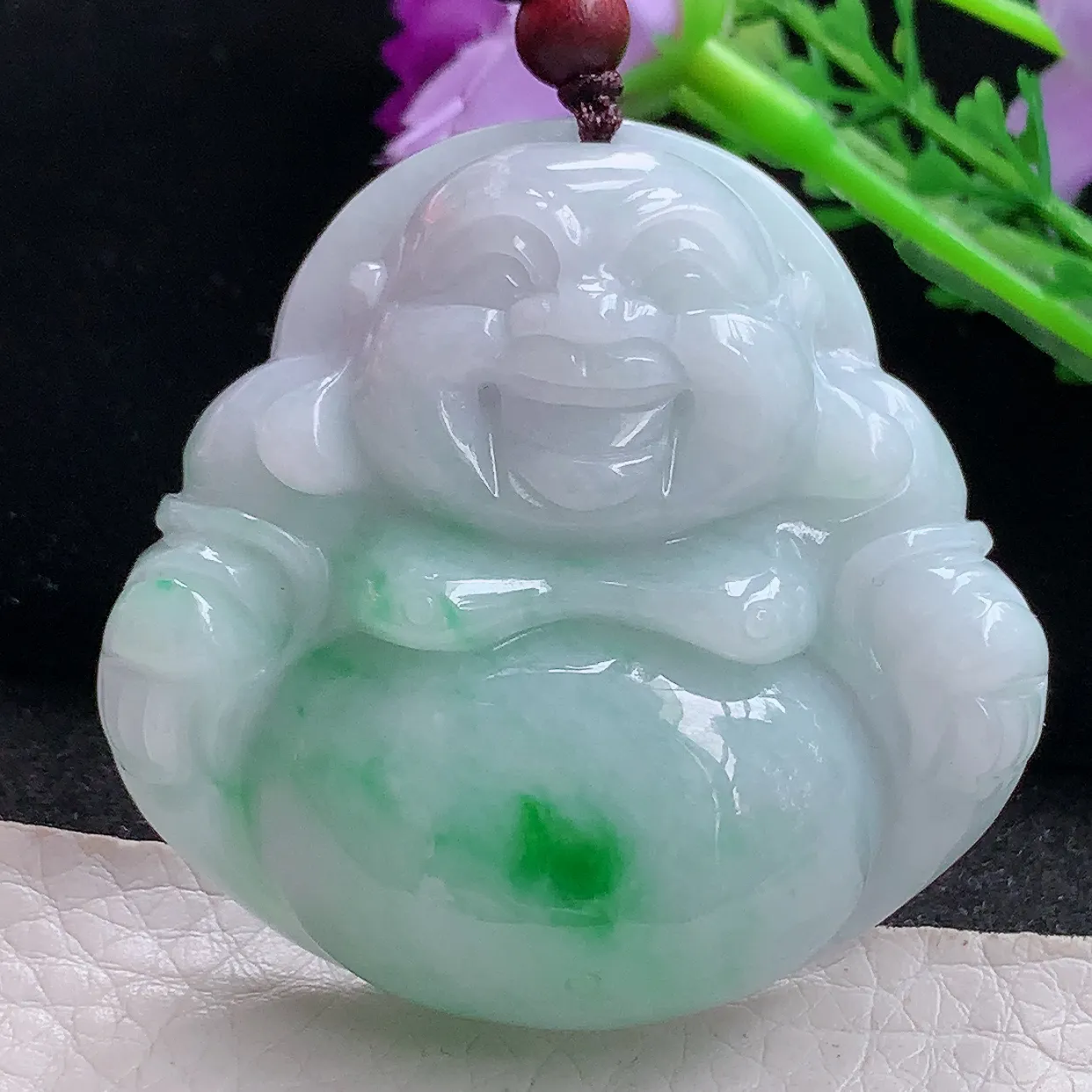 zen实拍46.8*48*14缅甸天然翡翠飘绿大佛公吊坠 大肚弥勒佛像玉坠