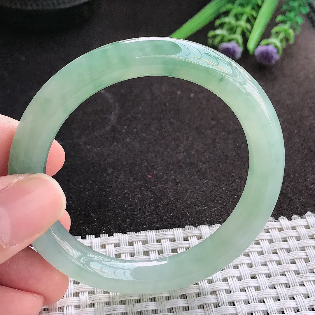 天然A货翡翠52.8/9.3/9.2老坑冰胶果冻冰晴飘花圆条手镯翡翠玉镯