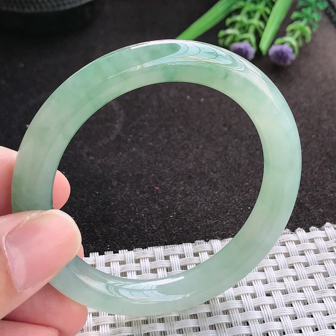 天然A货翡翠52.8/9.3/9.2老坑冰胶果冻冰晴飘花圆条手镯翡翠玉镯