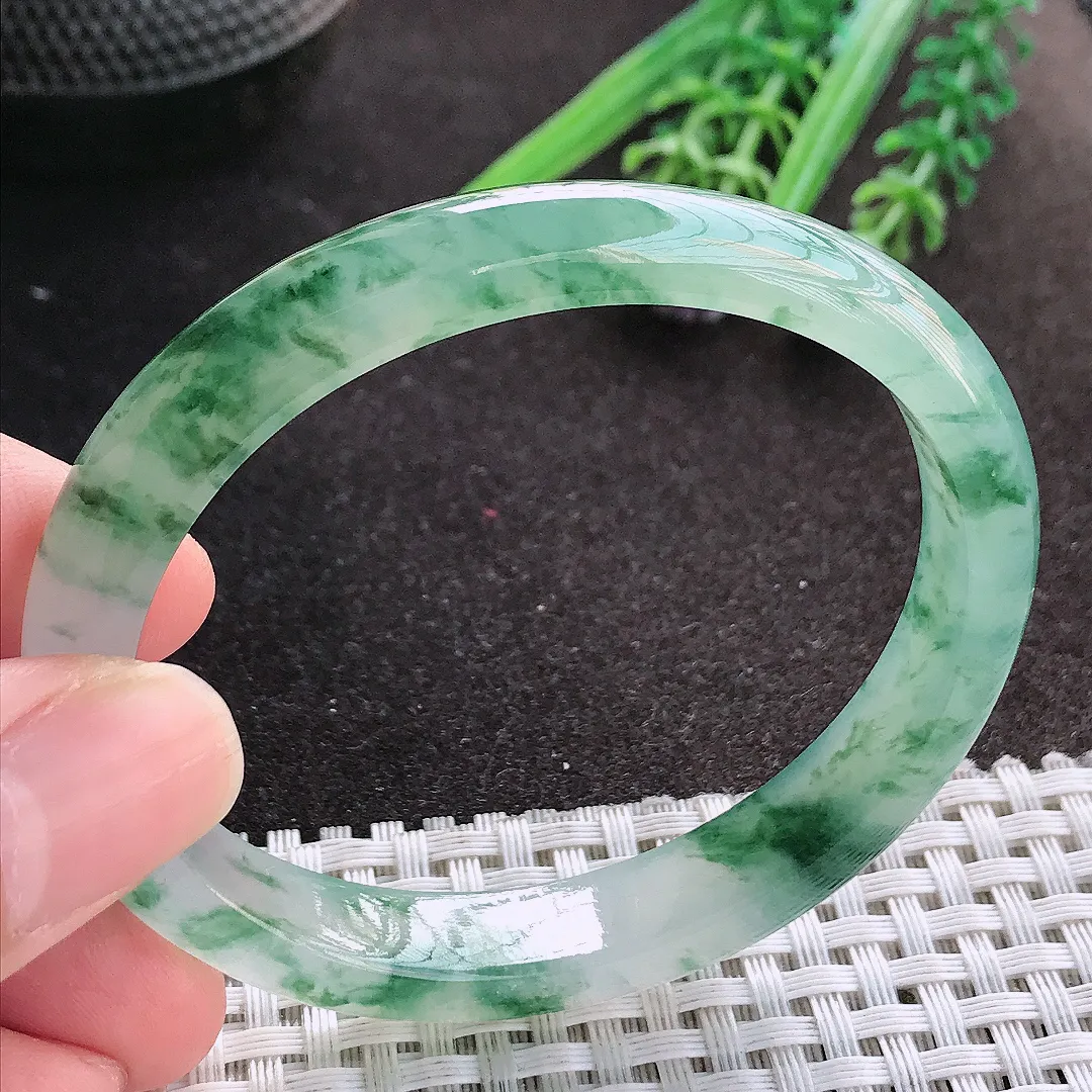 天然A货翡翠55.5/49.8/10/7老坑冰胶果冻冰飘花贵妃手镯宽边玉镯