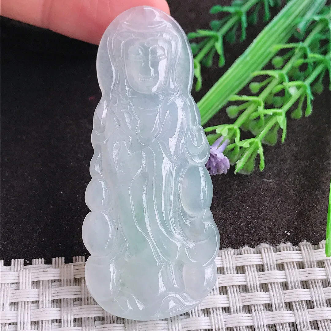 天然A货翡翠61.6/27.2/5老坑冰透起胶冰晴站观音吊坠翡翠玉观音挂件