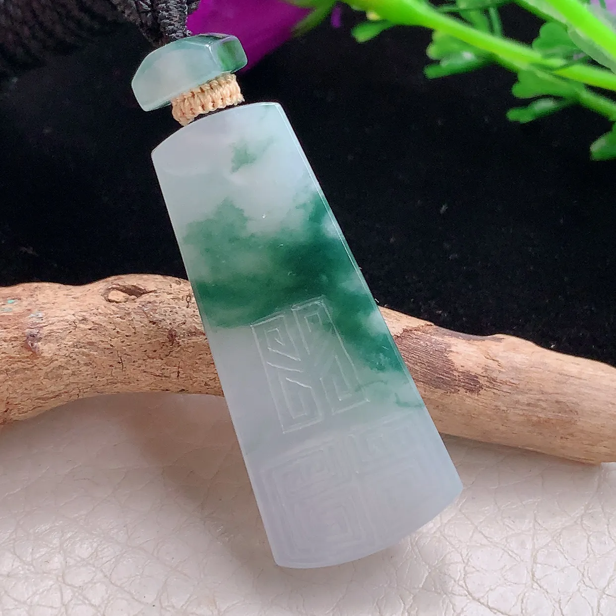 yl实拍39.3 *17.2*6缅甸天然翡翠冰飘花平安无事牌吊坠雕花素牌玉坠