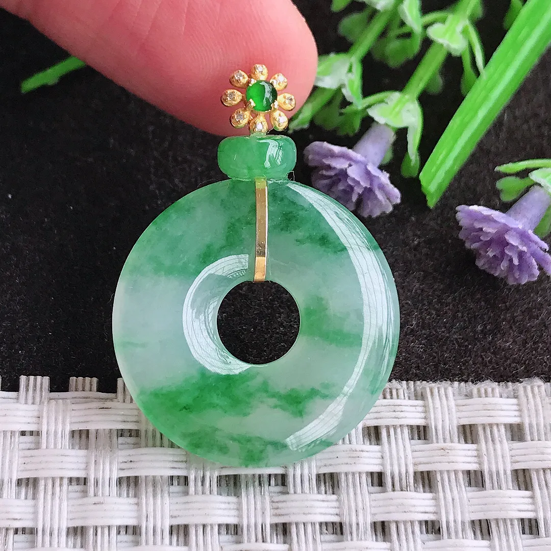 天然A货翡翠24.2/3.5老坑18k金镶嵌冰阳绿玉环吊坠翡翠平安扣挂件