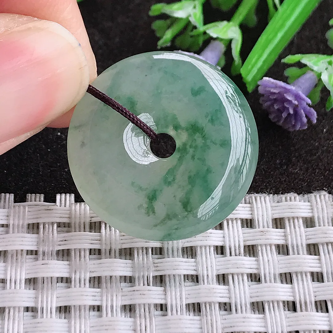 天然A货翡翠24.8/5.3老坑冰胶果冻冰飘花平安扣吊坠翡翠挂件