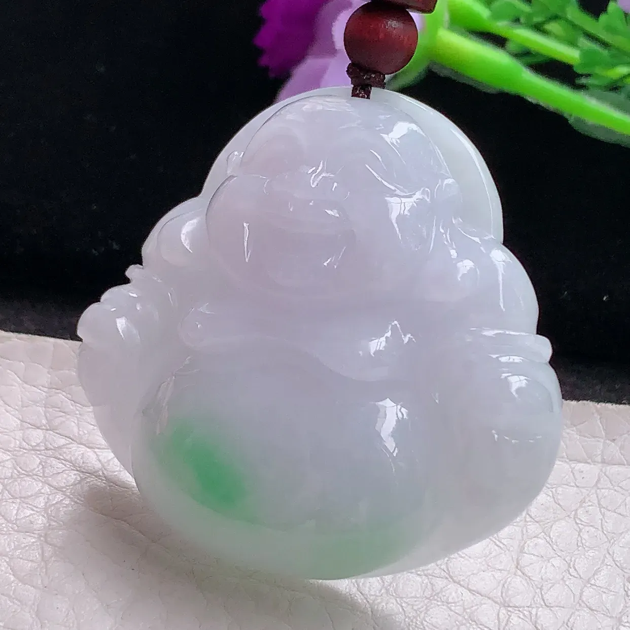 zen实拍41.8*43.6*12缅甸天然翡翠飘绿大佛公吊坠 白底青大肚弥勒佛像玉坠