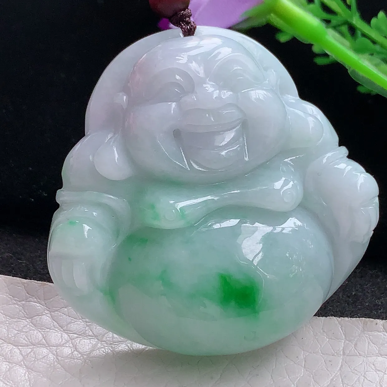 zen实拍46.8*48*14缅甸天然翡翠飘绿大佛公吊坠 大肚弥勒佛像玉坠