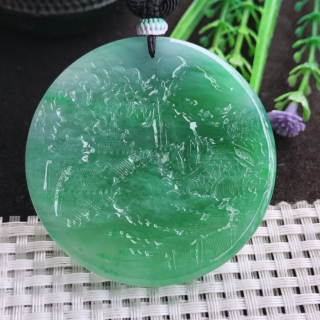 天然A货翡翠54.2/6老坑冰胶水灵满绿山水牌圆牌吊坠翡翠挂件