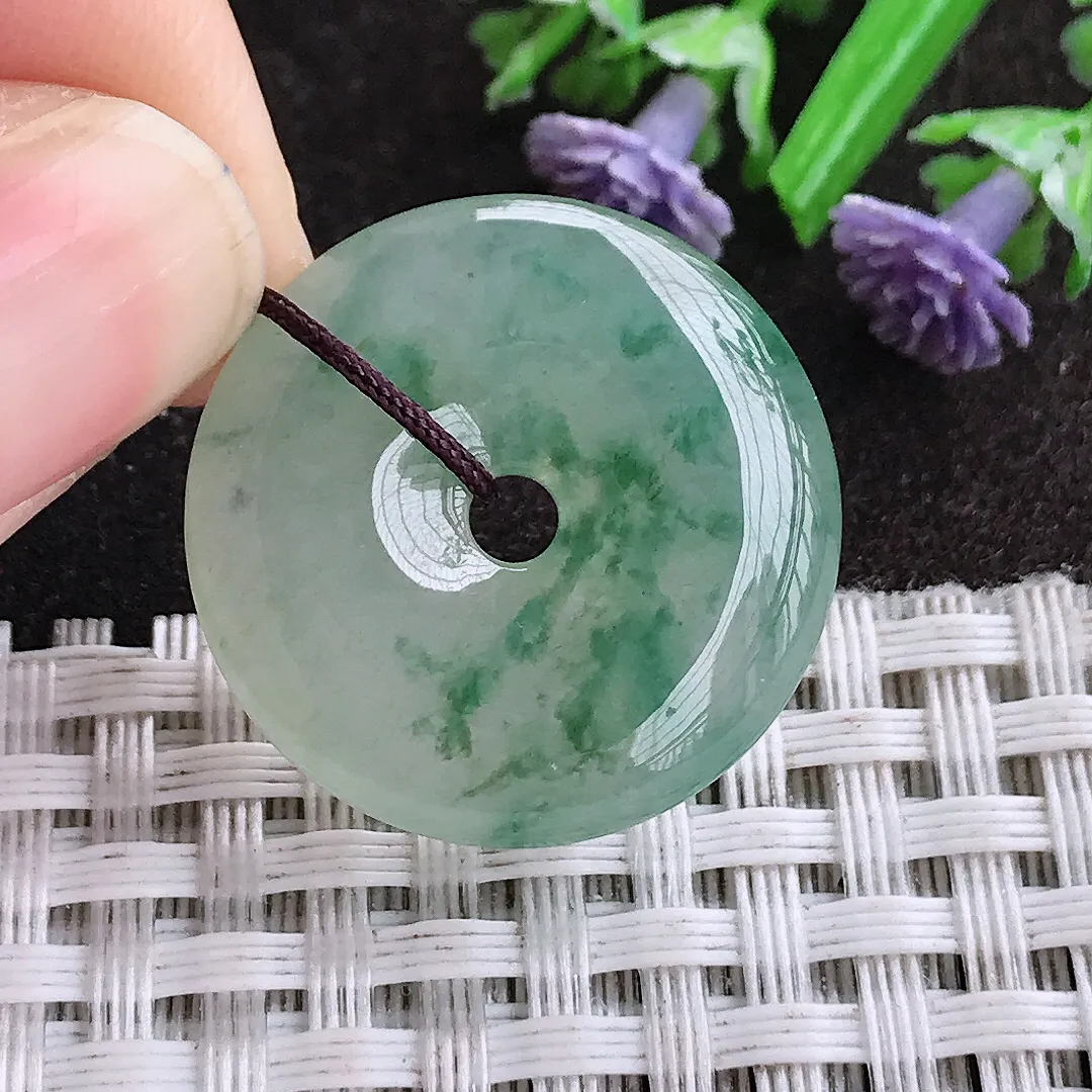 天然A货翡翠24.8/5.3老坑冰胶果冻冰飘花平安扣吊坠翡翠挂件