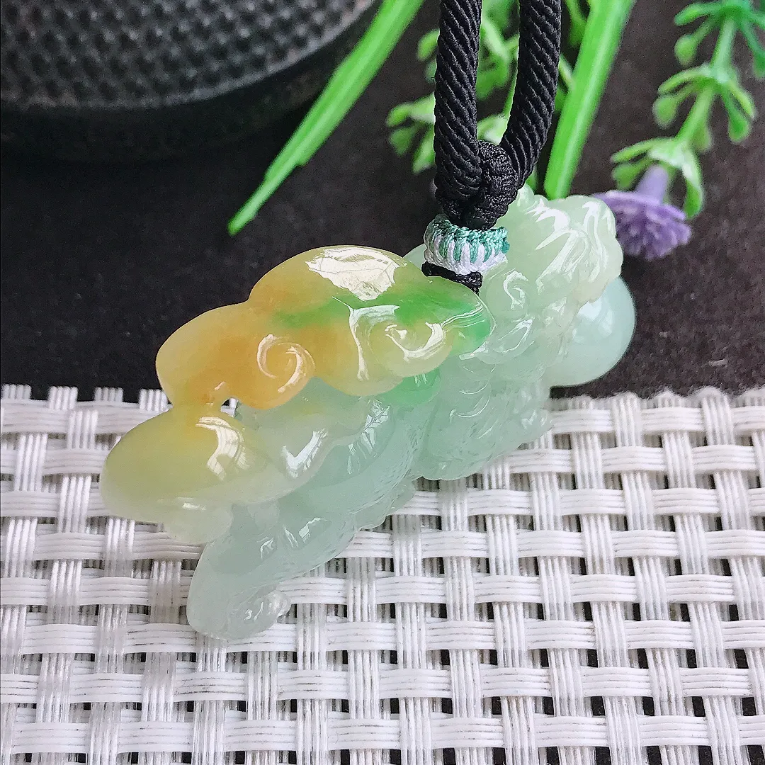 天然A货翡翠54/13.6/28.5老坑精美冰润黄加绿貔貅吊坠翡翠挂件