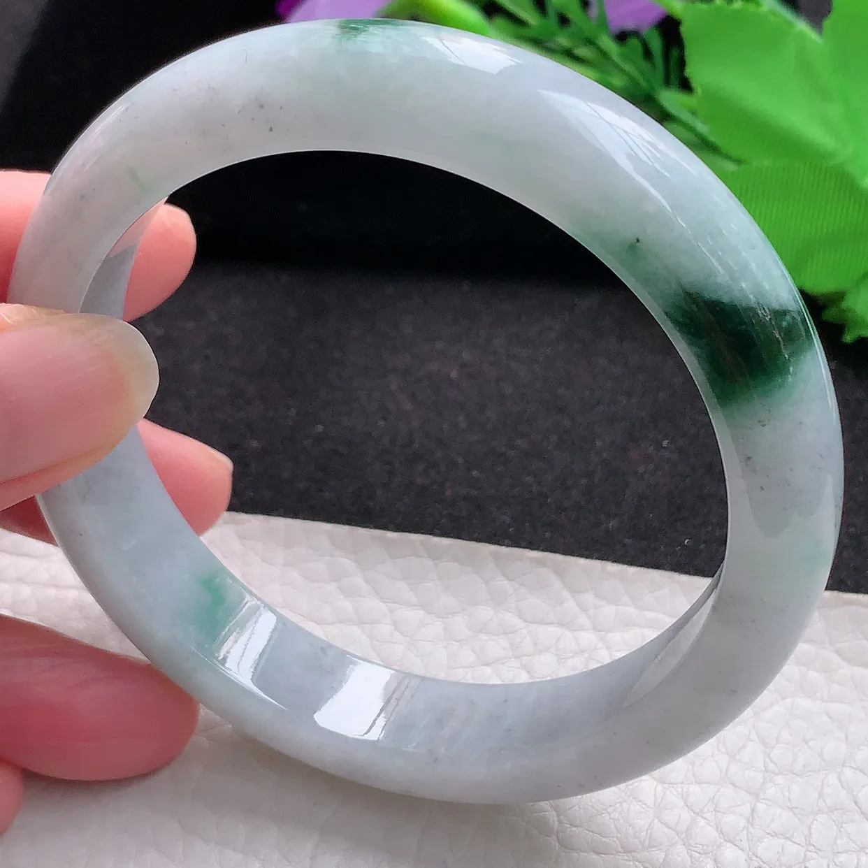 ll大圈口61*12.5*8.5平安镯 天然缅甸翡翠a货玉手镯飘花大气宽边玉手环