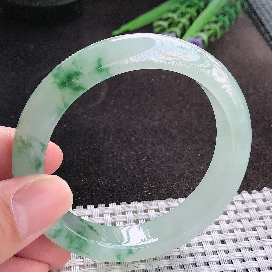 天然A货翡翠58/13/8.8老坑冰透果冻胶冰飘花手镯宽边玉镯