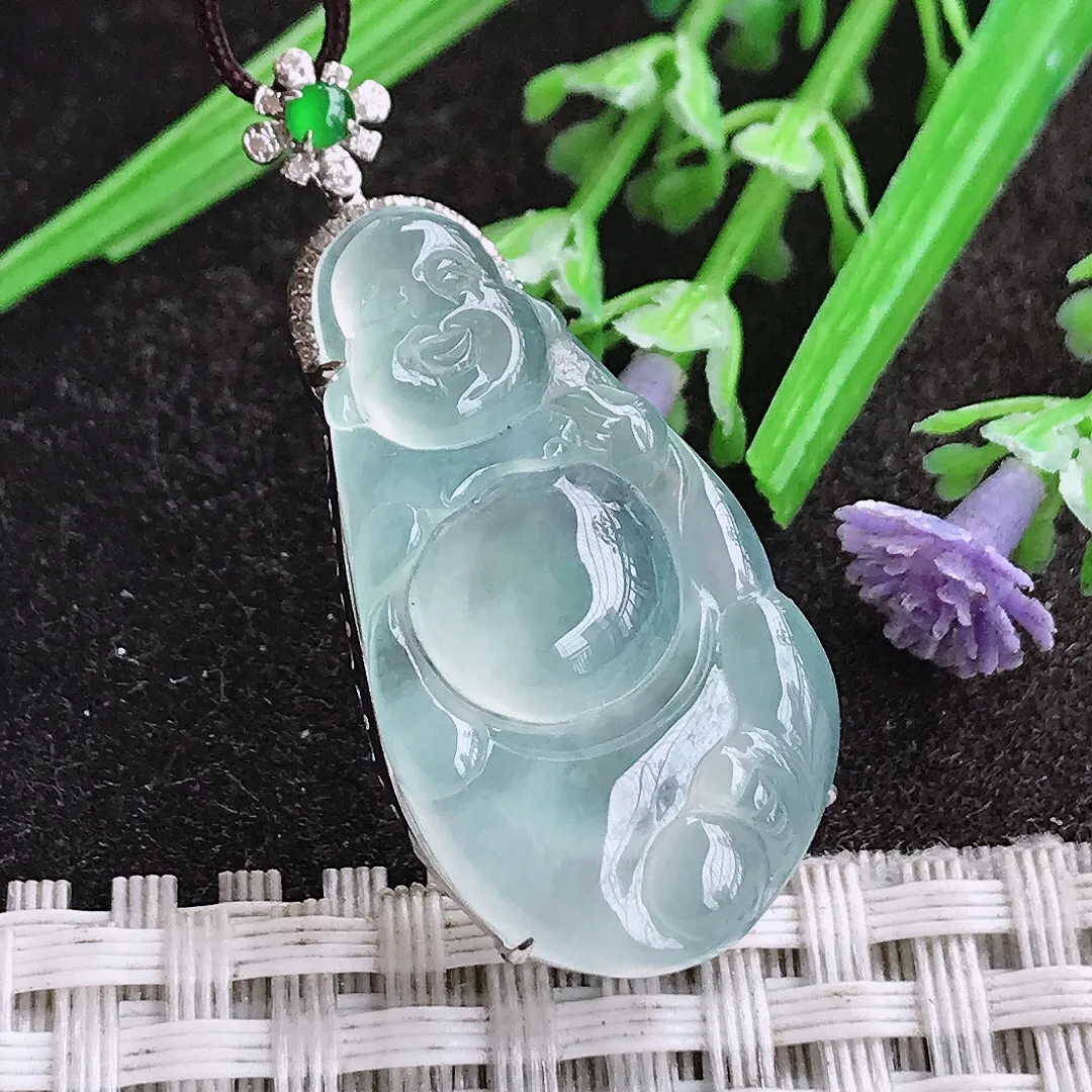 天然A货翡翠38.4/17.6/7.5老坑18k金镶嵌冰种佛公吊坠翡翠白冰玉佛挂件