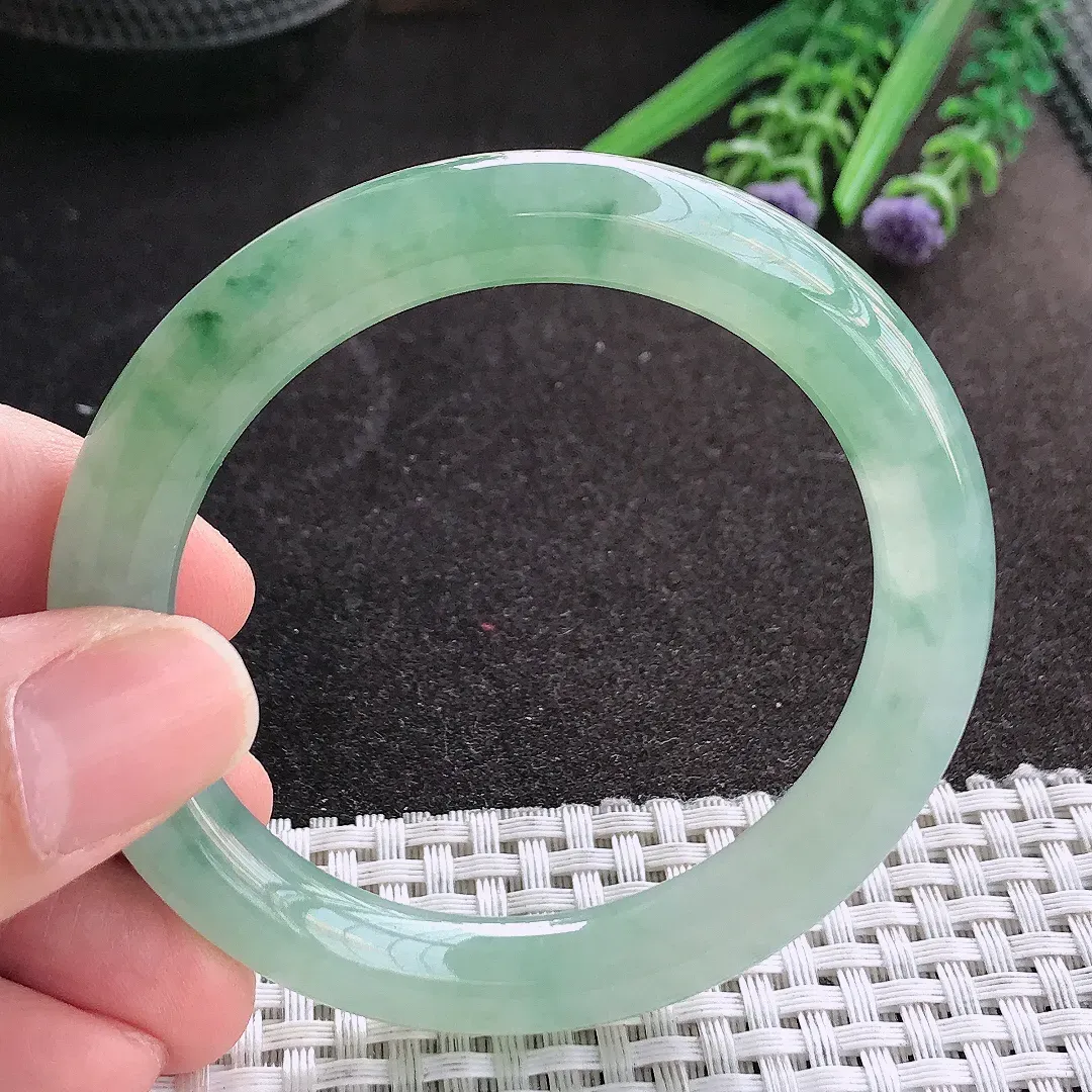 天然A货翡翠52.8/9.3/9.2老坑冰胶果冻冰晴飘花圆条手镯翡翠玉镯