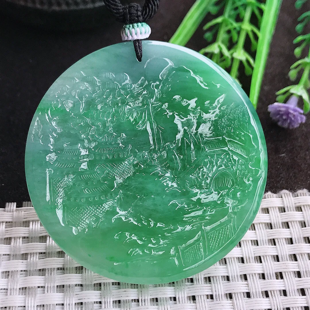 天然A货翡翠54.2/6老坑冰胶水灵满绿山水牌圆牌吊坠翡翠挂件
