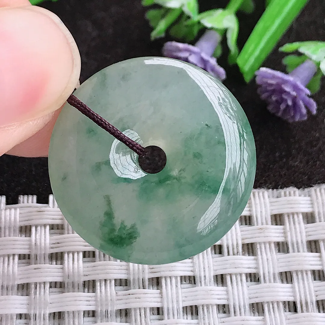 天然A货翡翠24.8/5.3老坑冰胶果冻冰飘花平安扣吊坠翡翠挂件