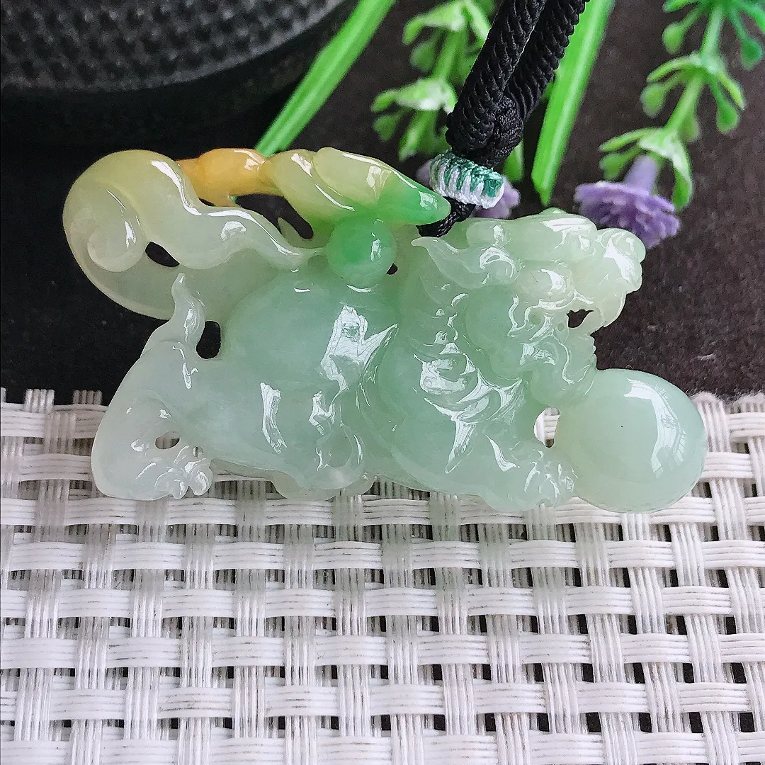 天然A货翡翠54/13.6/28.5老坑精美冰润黄加绿貔貅吊坠翡翠挂件