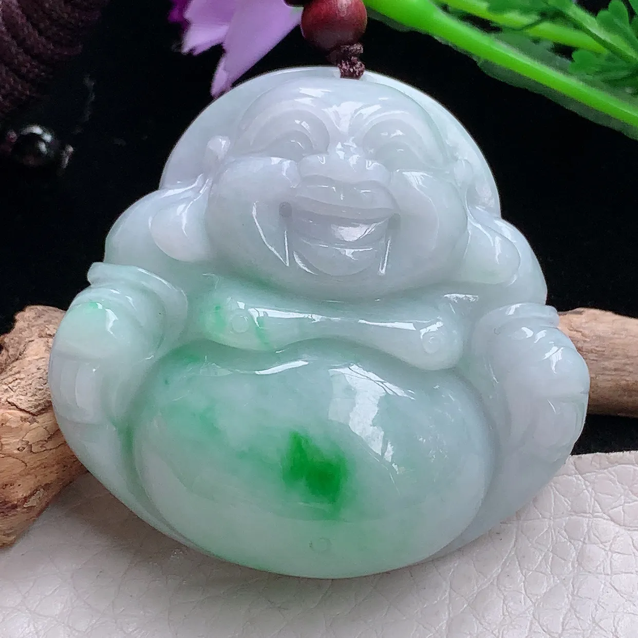 zen实拍46.8*48*14缅甸天然翡翠飘绿大佛公吊坠 大肚弥勒佛像玉坠