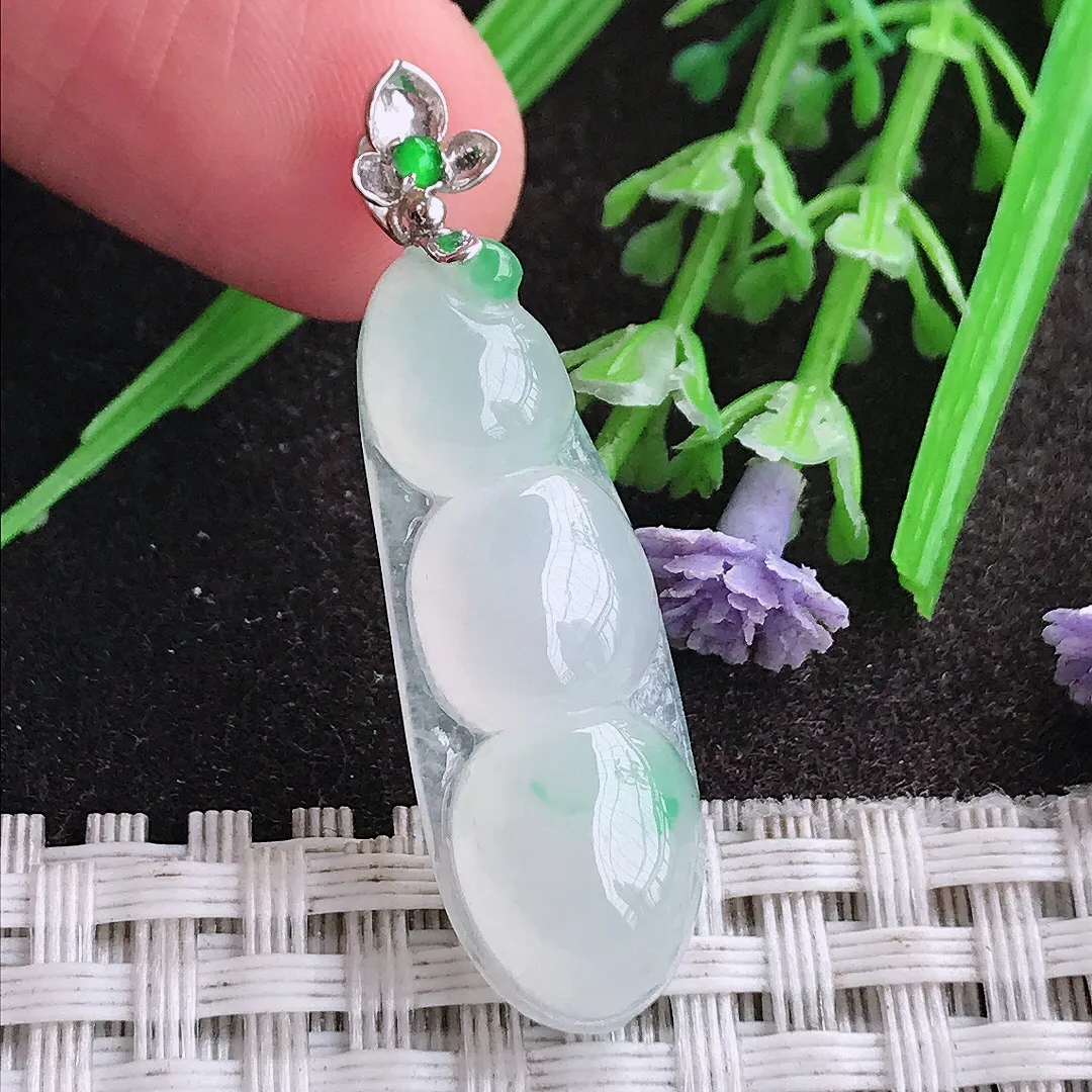 天然A货翡翠30.8/11.6/6老坑18k金镶嵌冰种起胶飘绿四季豆吊坠翡翠挂件