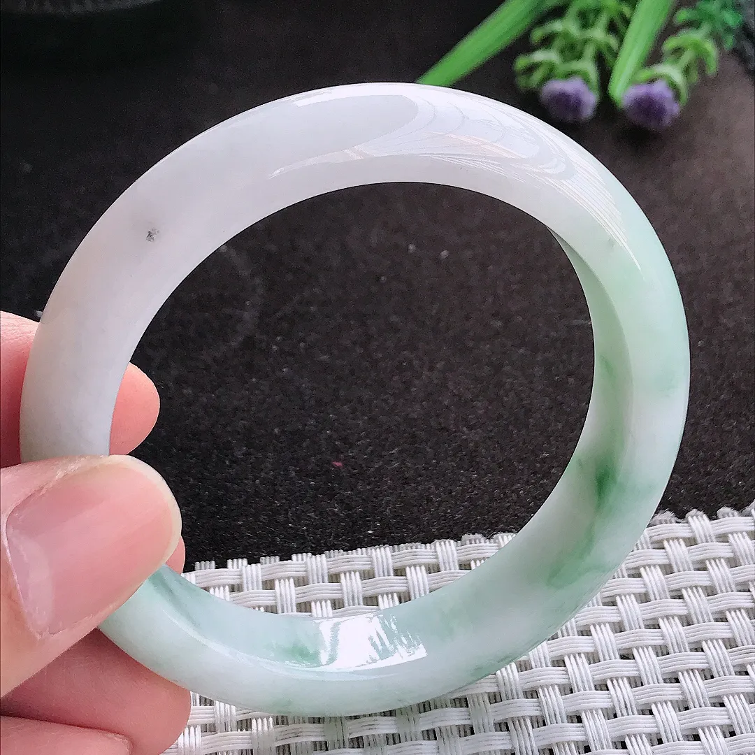 天然A货翡翠55.5/12.6/8.6老坑精美冰润飘花手镯宽边玉镯