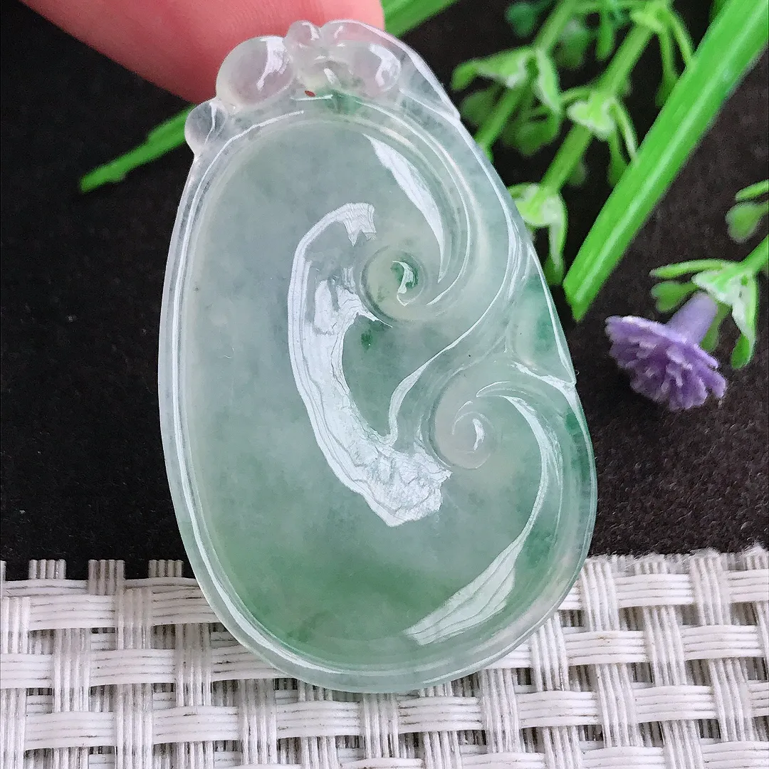 天然A货翡翠45.6/29/5.9老坑冰种果冻胶飘花如意吊坠翡翠挂件