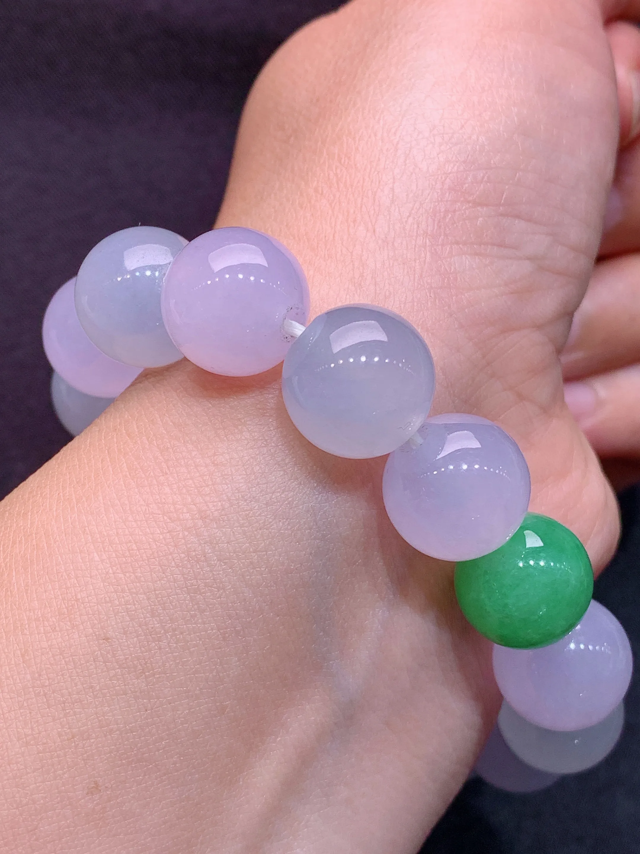 冰紫组合满绿蛋面手链 玉质细腻 色泽清新艳丽 整体尺寸13.6