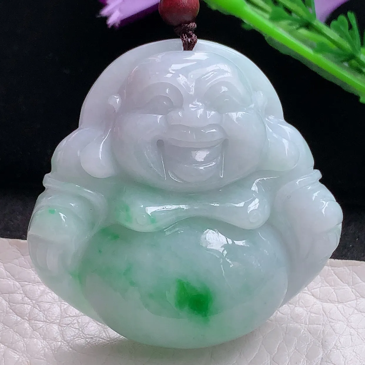zen实拍46.8*48*14缅甸天然翡翠飘绿大佛公吊坠 大肚弥勒佛像玉坠