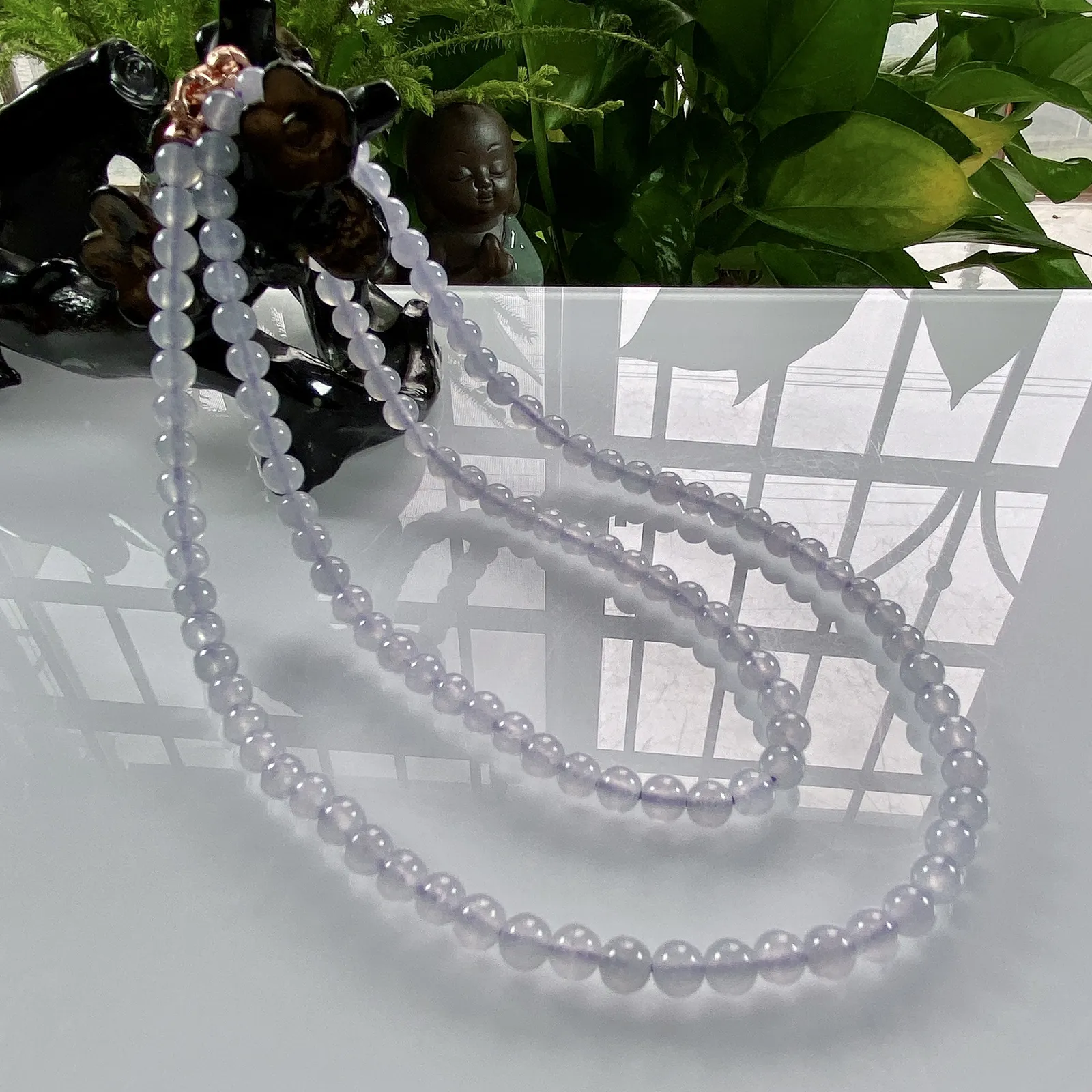 缅甸天然翡翠A货，卡5冰种起光浅紫冰紫圆珠项链手链，尺寸：5mm/120颗，长度590mm，重量：2